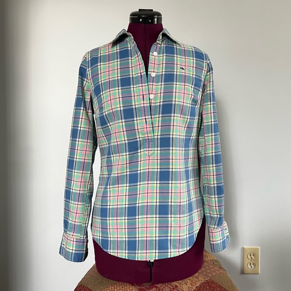 Vineyard Vines Little River Plaid Popover Flannel Button Top, Sz 00 - Picture 4 of 8